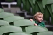 3 July 2021; Millie Herring, age 15 months, from Belfast, daughter of Rob Herring looks for her seat prior to the International Rugby Friendly match between Ireland and Japan at Aviva Stadium in Dublin. Photo by David Fitzgerald/Sportsfile