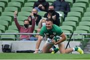 3 July 2021; Jacob Stockdale of Ireland celebrates after scoring his side's fifth try during the International Rugby Friendly match between Ireland and Japan at Aviva Stadium in Dublin. Photo by Brendan Moran/Sportsfile