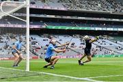 3 July 2021; Dublin goalkeeper Alan Nolan makes a save, following a free from Galway's Joe Canning, during the Leinster GAA Hurling Senior Championship Semi-Final match between Dublin and Galway at Croke Park in Dublin. Photo by Seb Daly/Sportsfile