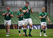 3 July 2021; Ireland players, from left, Dave Kilcoyne, Jamison Gibson Park, Ryan Baird and Craig Casey applaud the support following the International Rugby Friendly match between Ireland and Japan at Aviva Stadium in Dublin. Photo by David Fitzgerald/Sportsfile