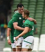 3 July 2021; James Ryan and Jordan Larmour of Ireland after their side's victory in the International Rugby Friendly match between Ireland and Japan at the Aviva Stadium in Dublin. Photo by Harry Murphy/Sportsfile