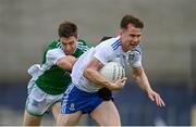 3 July 2021; Karl O'Connell of Monaghan in action against Eoin Donnelly of Fermanagh during the Ulster GAA Football Senior Championship Quarter-Final match between Monaghan and Fermanagh at St Tiernach’s Park in Clones, Monaghan. Photo by Sam Barnes/Sportsfile