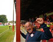 3 July 2021; Shelbourne manager Noel King celebrates the winning goal from the stands after being sent off during the SSE Airtricity Women's National League match between Shelbourne and Peamount United at Tolka Park in Dublin. Photo by Eóin Noonan/Sportsfile