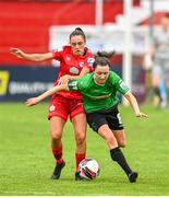 3 July 2021; Sabhdh Doyle of Peamount United in action against Jess Ziu of Shelbourne during the SSE Airtricity Women's National League match between Shelbourne and Peamount United at Tolka Park in Dublin. Photo by Eóin Noonan/Sportsfile