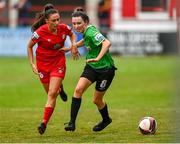 3 July 2021; Sabhdh Doyle of Peamount United in action against Jess Ziu of Shelbourne during the SSE Airtricity Women's National League match between Shelbourne and Peamount United at Tolka Park in Dublin. Photo by Eóin Noonan/Sportsfile
