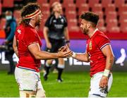 3 July 2021; Ali Price of the British and Irish Lions celebrates with team-mate Hamish Watson, left, after scoring a try during the 2021 British and Irish Lions tour match between Sigma Lions and The British and Irish Lions at Emirates Airline Park in Johannesburg, South Africa. Photo by Sydney Seshibedi/Sportsfile