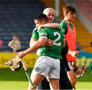 3 July 2021; Limerick manager John Kiely and Seán Finn celebrate after the Munster GAA Hurling Senior Championship Semi-Final match between Cork and Limerick at Semple Stadium in Thurles, Tipperary. Photo by Ray McManus/Sportsfile