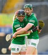 3 July 2021; Darragh O'Donovan, left, and William O'Donoghue of Limerick celebrate following the Munster GAA Hurling Senior Championship Semi-Final match between Cork and Limerick at Semple Stadium in Thurles, Tipperary. Photo by Stephen McCarthy/Sportsfile