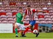 2 July 2021; Matt Keane of Treaty United in action against Darragh Crowley of Cork City during the SSE Airtricity League First Division match between Cork City and Treaty United at Turners Cross in Cork. Photo by Michael P Ryan/Sportsfile