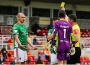 2 July 2021; Jonas Häkkinen of Cork City receives a yellow card from referee Eoghan O'Shea during the SSE Airtricity League First Division match between Cork City and Treaty United at Turners Cross in Cork. Photo by Michael P Ryan/Sportsfile