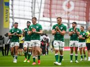 3 July 2021; Ireland players including Chris Farrell and Gavin Coombes, centre, applaud the supporter after the International Rugby Friendly match between Ireland and Japan at Aviva Stadium in Dublin. Photo by David Fitzgerald/Sportsfile