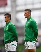 3 July 2021; Shane Daly of Ireland, right, and Billy Burns prior to the International Rugby Friendly match between Ireland and Japan at Aviva Stadium in Dublin. Photo by David Fitzgerald/Sportsfile