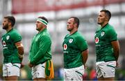 3 July 2021; Ireland players, from right, Jacob Stockdale, Ed Byrne, Rob Herring and Stuart McCloskey prior to the International Rugby Friendly match between Ireland and Japan at Aviva Stadium in Dublin. Photo by David Fitzgerald/Sportsfile