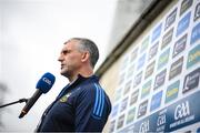 4 July 2021; Tipperary manager Liam Sheedy is interviewed for TV before the Munster GAA Hurling Senior Championship Semi-Final match between Tipperary and Clare at LIT Gaelic Grounds in Limerick. Photo by Stephen McCarthy/Sportsfile