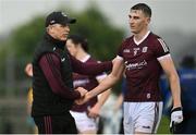 4 July 2021; Galway manager Padraic Joyce celebrates with Matthew Tierney of Galway after their side's victory in the Connacht GAA Football Senior Championship Semi-Final match between Roscommon and Galway at Dr Hyde Park in Roscommon. Photo by Sam Barnes/Sportsfile