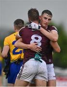 4 July 2021; Galway players Matthew Tierney, right, and Paul Conroy celebrate after their side's victory in the Connacht GAA Football Senior Championship Semi-Final match between Roscommon and Galway at Dr Hyde Park in Roscommon. Photo by Sam Barnes/Sportsfile