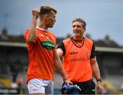 4 July 2021; Armagh manager Kieran McGeeney with Rian O'Neill after the Ulster GAA Football Senior Championship Quarter-Final match between Armagh and Antrim at the Athletic Grounds in Armagh. Photo by David Fitzgerald/Sportsfile