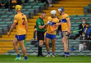 4 July 2021; Referee James Owens speaks to Aidan McCarthy of Clare before issuing him with a yellow card and subsequently awarding a penalty to Tipperary during the Munster GAA Hurling Senior Championship Semi-Final match between Tipperary and Clare at LIT Gaelic Grounds in Limerick. Photo by Ray McManus/Sportsfile