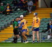 4 July 2021; Diarmuid Ryan of Clare appeals to referee James Owens after he had issued a yellow card to his team mate Aidan McCarthy, 12, during the Munster GAA Hurling Senior Championship Semi-Final match between Tipperary and Clare at LIT Gaelic Grounds in Limerick. Photo by Ray McManus/Sportsfile