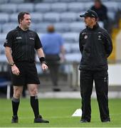 4 July 2021; Kildare manager Jack O'Connor withreferee Martin McNally before the Leinster GAA Football Senior Championship Quarter-Final match between Kildare and Offaly at MW Hire O'Moore Park in Portlaoise, Laois. Photo by Piaras Ó Mídheach/Sportsfile
