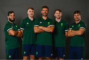 6 July 2021; Team Ireland has officially selected the Men’s Rugby Sevens Team who will compete at the Olympic Games in Tokyo. Following their exciting dominance in the final Olympic Repechage in Monaco, the Irish team have made history in becoming the first Rugby team that will compete for Ireland at the Olympic Games. Pictured are Team Ireland rugby 7's squad members, from left, Mark Roche, Terry Kennedy, Harry McNulty, Ian Fitzpatrick and Foster Horan during a Tokyo 2020 Official Team Ireland Announcement for Rugby 7s at Sport Ireland Campus in Dublin. Photo by David Fitzgerald/Sportsfile