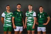 6 July 2021; Team Ireland has officially selected the Men’s Rugby Sevens Team who will compete at the Olympic Games in Tokyo. Following their exciting dominance in the final Olympic Repechage in Monaco, the Irish team have made history in becoming the first Rugby team that will compete for Ireland at the Olympic Games. Pictured are Team Ireland rugby 7's squad members, from left, Jordan Conroy, Harry McNulty, Terry Kennedy and Billy Dardis during a Tokyo 2020 Official Team Ireland Announcement for Rugby 7s at Sport Ireland Campus in Dublin. Photo by David Fitzgerald/Sportsfile