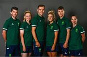 5 July 2021; Team Ireland track cyclists, from left, Felix English, Emily Kay, Mark Downey, Shannon McCurley, Fintan Ryan and Lydia Gurley during a Tokyo 2020 Official Team Ireland Announcement for Cycling at Sport Ireland Campus in Dublin. Photo by David Fitzgerald/Sportsfile
