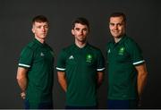 5 July 2021; Team Ireland track cyclists, from left, Fintan Ryan, Felix English and Mark Downey during a Tokyo 2020 Official Team Ireland Announcement for Cycling at Sport Ireland Campus in Dublin. Photo by David Fitzgerald/Sportsfile