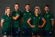 8 July 2021; Team Ireland track cyclists, from left, Emily Kay, Mark Downey, head coach Martyn Irvine, Shannon McCurley and Felix English on the day they received their Olympic kit for Tokyo 2020. They will be competing in the Izu Velodrome from the 5 – 8 August. Photo by David Fitzgerald/Sportsfile