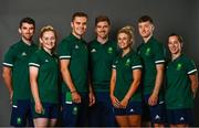 8 July 2021; Team Ireland track cyclists, from left, Felix English, Emily Kay, Mark Downey, head coach Martyn Irvine, Shannon McCurley, Fintan Ryan and Lydia Gurley on the day they received their Olympic kit for Tokyo 2020. They will be competing in the Izu Velodrome from the 5 – 8 August. Photo by David Fitzgerald/Sportsfile