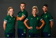 8 July 2021; Team Ireland track cyclists, from left, Emily Kay, Mark Downey, Shannon McCurley and Felix English on the day they received their Olympic kit for Tokyo 2020. They will be competing in the Izu Velodrome from the 5 – 8 August. Photo by David Fitzgerald/Sportsfile