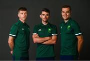 8 July 2021; Team Ireland track cyclists, from left, Fintan Ryan, Felix English and Mark Downey on the day they received their Olympic kit for Tokyo 2020. They will be competing in the Izu Velodrome from the 5 – 8 August. Photo by David Fitzgerald/Sportsfile