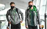 6 July 2021; Shamrock Rovers players Sean Gannon, left, and Darragh Nugent pictured at Dublin Airport prior to their departure for Bratislava for their UEFA Champions League First Qualifying Round 1st leg against Slovan Bratislava. Photo by Sam Barnes/Sportsfile