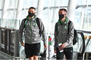 6 July 2021; Shamrock Rovers players Dean Williams, right, and Max Murphy pictured at Dublin Airport prior to their departure for Bratislava for their UEFA Champions League First Qualifying Round 1st leg against Slovan Bratislava. Photo by Sam Barnes/Sportsfile