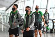 6 July 2021; Shamrock Rovers, from left, Roberto Lopes, Dylan Watts and Alan Mannus pictured at Dublin Airport prior to their departure for Bratislava for their UEFA Champions League First Qualifying Round 1st leg against Slovan Bratislava. Photo by Sam Barnes/Sportsfile
