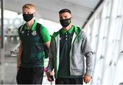 6 July 2021; Shamrock Rovers players Danny Mandroiu, right, and Liam Scales pictured at Dublin Airport prior to their departure for Bratislava for their UEFA Champions League First Qualifying Round 1st leg against Slovan Bratislava. Photo by Sam Barnes/Sportsfile