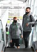 6 July 2021; Shamrock Rovers players Leon Pohls, right, and Rory Gaffney pictured at Dublin Airport prior to their departure for Bratislava for their UEFA Champions League First Qualifying Round 1st leg against Slovan Bratislava. Photo by Sam Barnes/Sportsfile