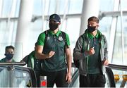 6 July 2021; Shamrock Rovers players including Joey O'Brien, left, and Ronan Finn, right, pictured at Dublin Airport prior to their departure for Bratislava for their UEFA Champions League First Qualifying Round 1st leg against Slovan Bratislava. Photo by Sam Barnes/Sportsfile