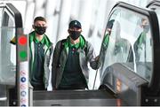6 July 2021; Shamrock Rovers players Lee Grace, left, and Aaron Greene pictured at Dublin Airport prior to their departure for Bratislava for their UEFA Champions League First Qualifying Round 1st leg against Slovan Bratislava. Photo by Sam Barnes/Sportsfile