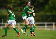 6 July 2021; Tara O'Hanlon of Republic of Ireland, right, celebrates after scoring her side's first goal with team-mate Kate Thompson during the Women's U16 International Friendly match between Republic of Ireland and England at RSC in Waterford. Photo by Harry Murphy/Sportsfile