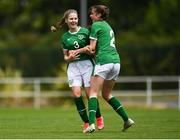 6 July 2021; Tara O'Hanlon of Republic of Ireland, left, celebrates after scoring her side's first goal with team-mate Kate Thompson during the Women's U16 International Friendly match between Republic of Ireland and England at RSC in Waterford. Photo by Harry Murphy/Sportsfile