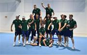 5 July 2021; Team Ireland rugby 7's squad, from left, Hugo Lennox, Foster Horan, Adam Leavy, Gavin Mullin, Jack Kelly, Mark Roche, Billy Dardis, Terry Kennedy, Harry McNulty, Jordan Conroy, Bryan Mollen, Greg O'Shea and Ian Fitzpatrick during a Tokyo 2020 Official Team Ireland Announcement for Rugby 7s at Sport Ireland Campus in Dublin.  Photo by Brendan Moran/Sportsfile