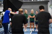 8 July 2021; Team Ireland track cyclists, from left, Emily Kay, Shannon McCurley and Lydia Gurley on the day they received their Olympic kit for Tokyo 2020. They will be competing in the Izu Velodrome from the 5 – 8 August. Photo by Brendan Moran/Sportsfile