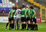 3 July 2021; Peamount United players huddle before the SSE Airtricity Women's National League match between Shelbourne and Peamount United at Tolka Park in Dublin. Photo by Eóin Noonan/Sportsfile