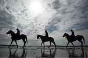 7 July 2021; Horses and riders, from left, Stellify with Owen Moss, Trading Point with Ciara Robinson and Sir Jack Thomas with Zoe Boardman on the gallops at South Beach in Rush, Co Dublin as trainer Ado McGuinness gears up for the iconic Galway Races Summer Festival that takes place from Monday 26th July to Sunday 1st August. Photo by David Fitzgerald/Sportsfile