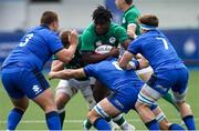 7 July 2021; Sam Illo of Ireland is tackled by Lorenzo Cannone of Italy and Ross Micheal Vintcent of Italy during the U20 Six Nations Rugby Championship match between Italy and Ireland at Cardiff Arms Park in Cardiff, Wales. Photo by Gareth Everett/Sportsfile