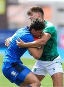 7 July 2021; Flavio Pio Vaccari of Italy is tackled by Chay Mullins of Ireland during the U20 Six Nations Rugby Championship match between Italy and Ireland at Cardiff Arms Park in Cardiff, Wales. Photo by Gareth Everitt/Sportsfile