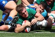 7 July 2021; Alex Kendellen of Ireland dives over to score a try for his side during the U20 Six Nations Rugby Championship match between Italy and Ireland at Cardiff Arms Park in Cardiff, Wales. Photo by Chris Fairweather/Sportsfile