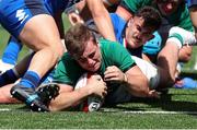 7 July 2021; Alex Kendellen of Ireland dives over to score a try for his side during the U20 Six Nations Rugby Championship match between Italy and Ireland at Cardiff Arms Park in Cardiff, Wales. Photo by Chris Fairweather/Sportsfile