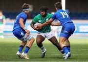 7 July 2021; Sam Illo of Ireland is tackled by Flavio Pio Vaccari of Italy during the U20 Six Nations Rugby Championship match between Italy and Ireland at Cardiff Arms Park in Cardiff, Wales. Photo by Chris Fairweather/Sportsfile